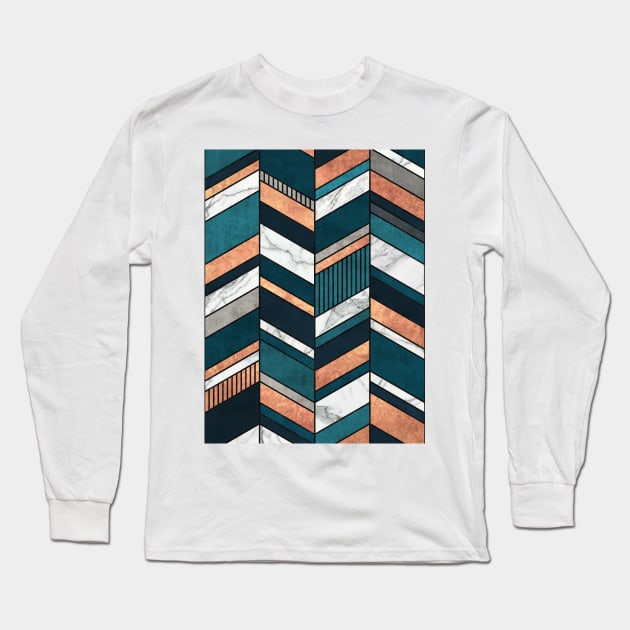 Abstract Chevron Pattern - Copper, Marble, and Blue Concrete Long Sleeve T-Shirt by ZoltanRatko